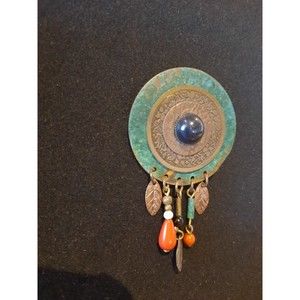 VTG Brass and Bead Brooch with Brass Feather Accents, Unmarked